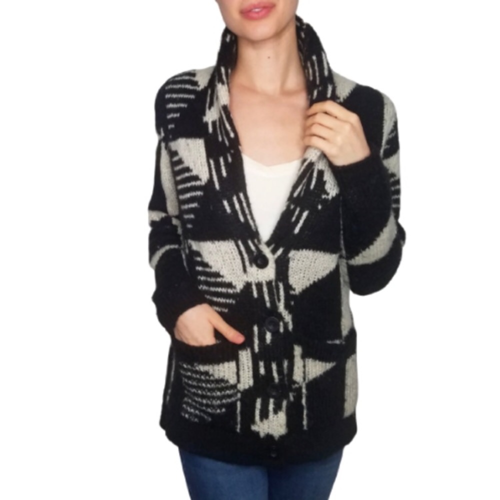 I love H81 chunky black & white knit geometric pattern cardigan, Small - Picture 1 of 2
